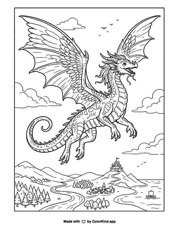 Realistic Flying Dragon as a free printable coloring page reviewed by ColorKind
