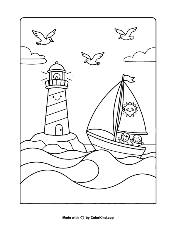 Sailboat by the Lighthouse as a free printable coloring page reviewed by ColorKind
