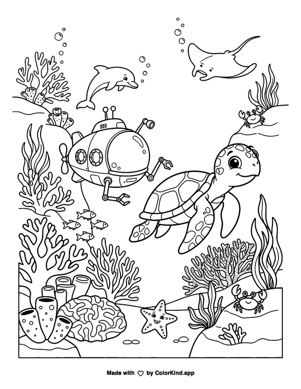 Sea Turtle Reef Adventure as a free printable coloring page reviewed by ColorKind