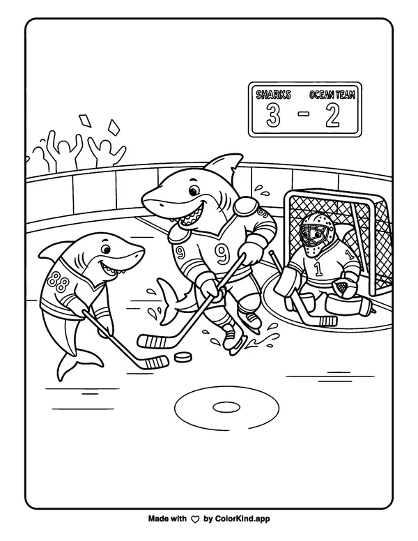 Sharks Playing Hockey as a free printable coloring page reviewed by ColorKind