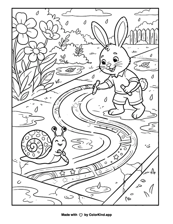 Snail and Rabbit Rainbow Maze as a free printable coloring page reviewed by ColorKind