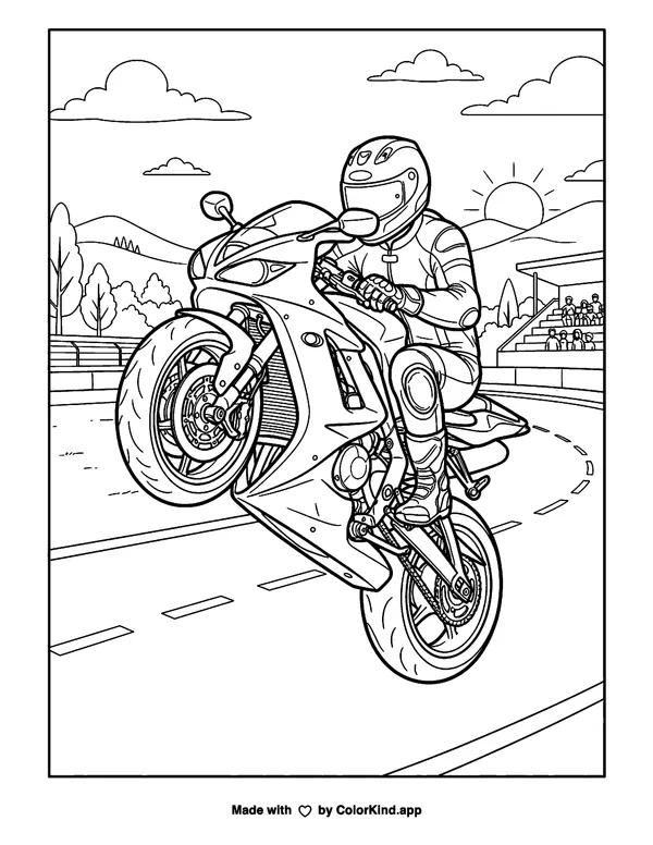 Sport Bike Wheelie as a free printable coloring page reviewed by ColorKind