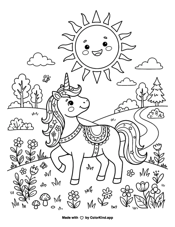 Sun and Unicorn as a free printable coloring page reviewed by ColorKind