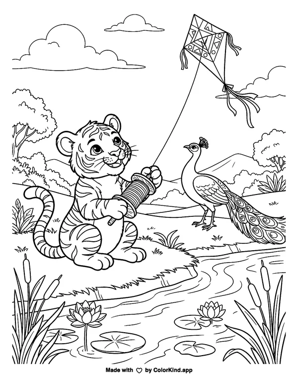 Tiger Cub Flying a Kite by Lotus Flowers as a free printable coloring page reviewed by ColorKind