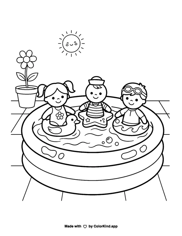 Tiny Toy Friends in a Pool as a free printable coloring page reviewed by ColorKind
