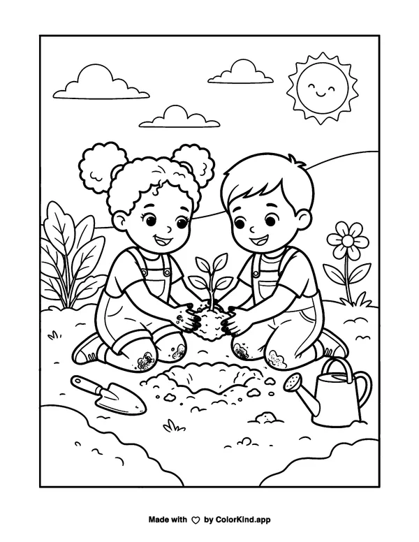 Two Friends Planting a Seedling as a free printable coloring page reviewed by ColorKind