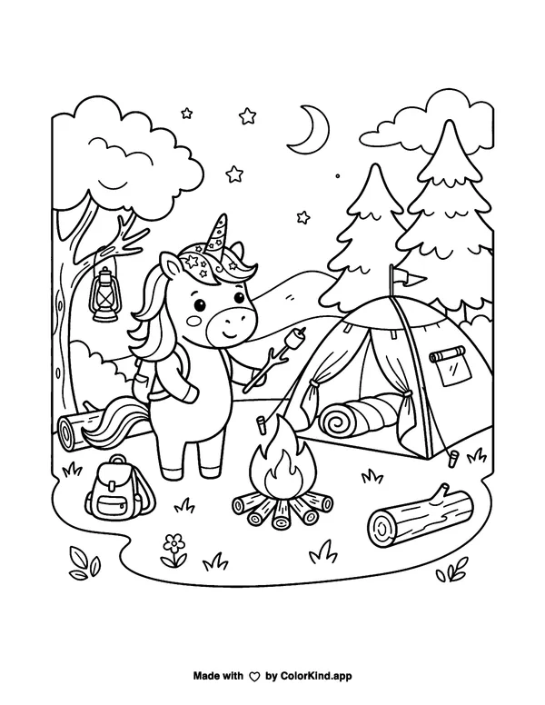 Unicorn Camping Adventure as a free printable coloring page reviewed by ColorKind