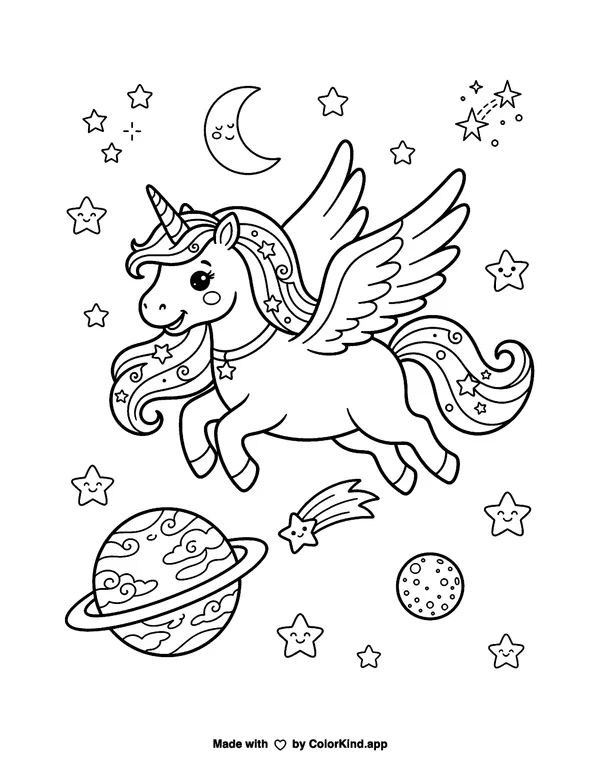 Unicorn in Space as a free printable coloring page reviewed by ColorKind