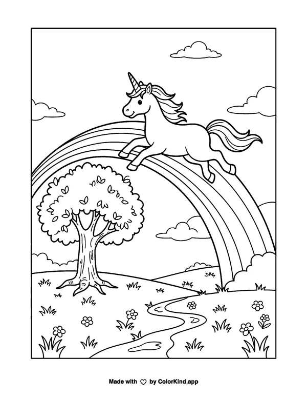 Unicorn on a Rainbow Meadow as a free printable coloring page reviewed by ColorKind