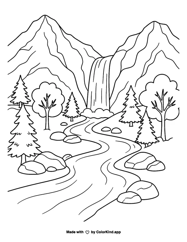 Waterfall in the Mountain Forest as a free printable coloring page reviewed by ColorKind