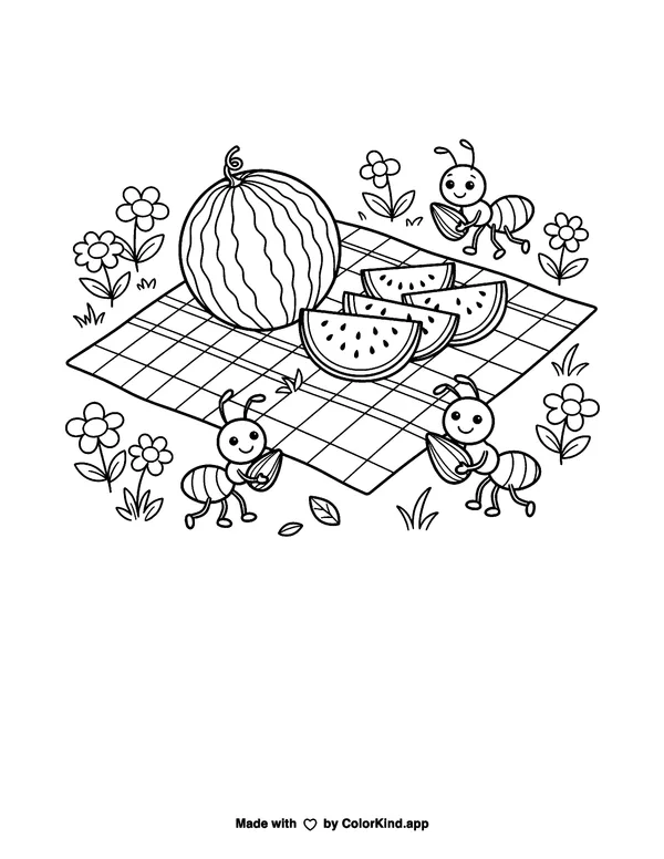 Watermelon Picnic Coloring Page as a free printable coloring page reviewed by ColorKind