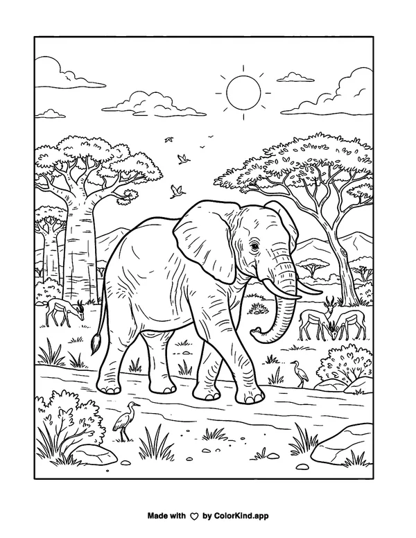 African Elephant as clean black-and-white printable line art made by ColorKind