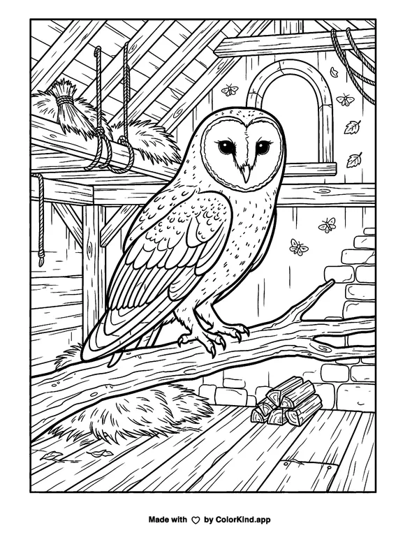 Barn Owl as clean black-and-white printable line art made by ColorKind