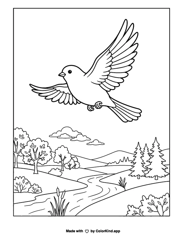 Bird in Flight as clean black-and-white printable line art made by ColorKind
