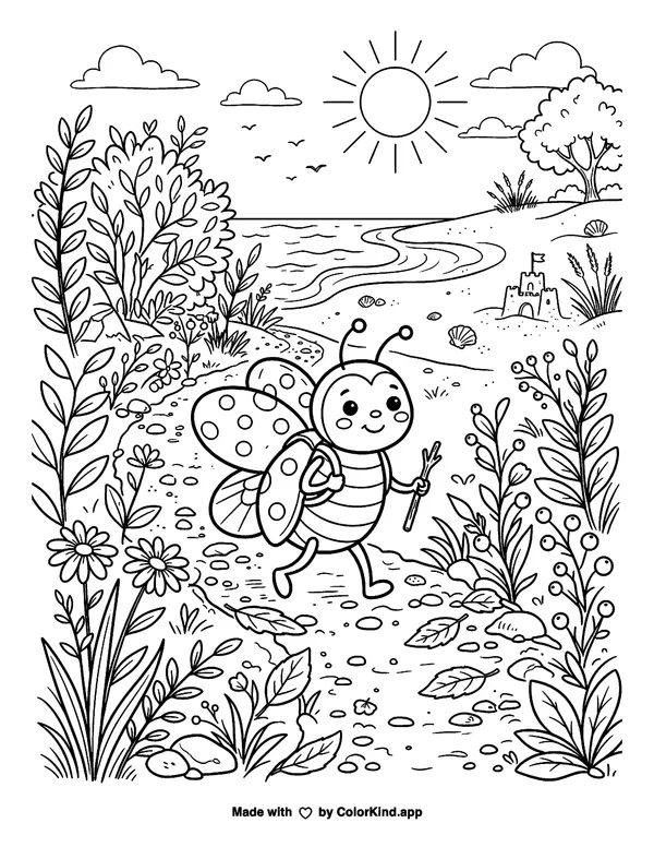 Busy garden bugs exploring a nature trail near a sunny beach as clean black-and-white printable line art made by ColorKind