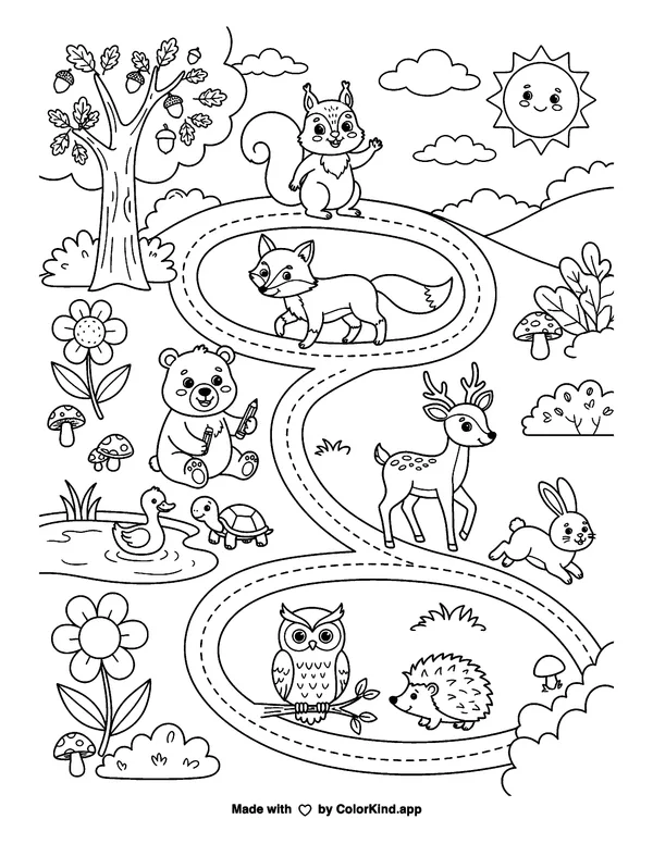 Busy garden bugs helping a neighbor in a flower-filled park as clean black-and-white printable line art made by ColorKind