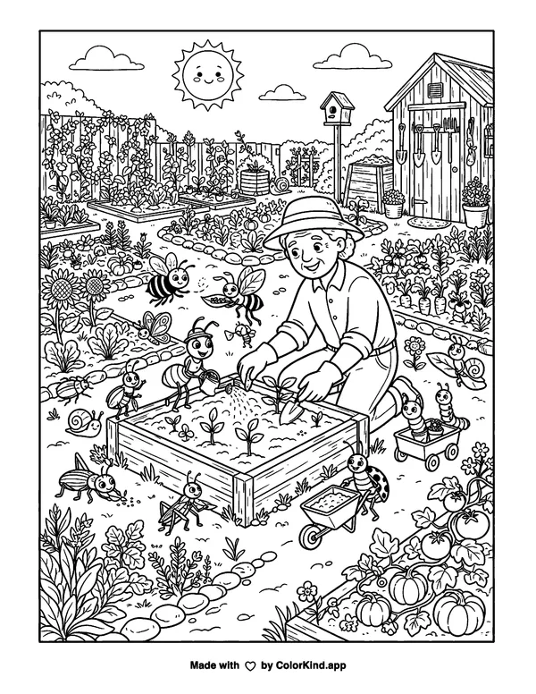Busy garden bugs helping a neighbor in a lively community garden as clean black-and-white printable line art made by ColorKind
