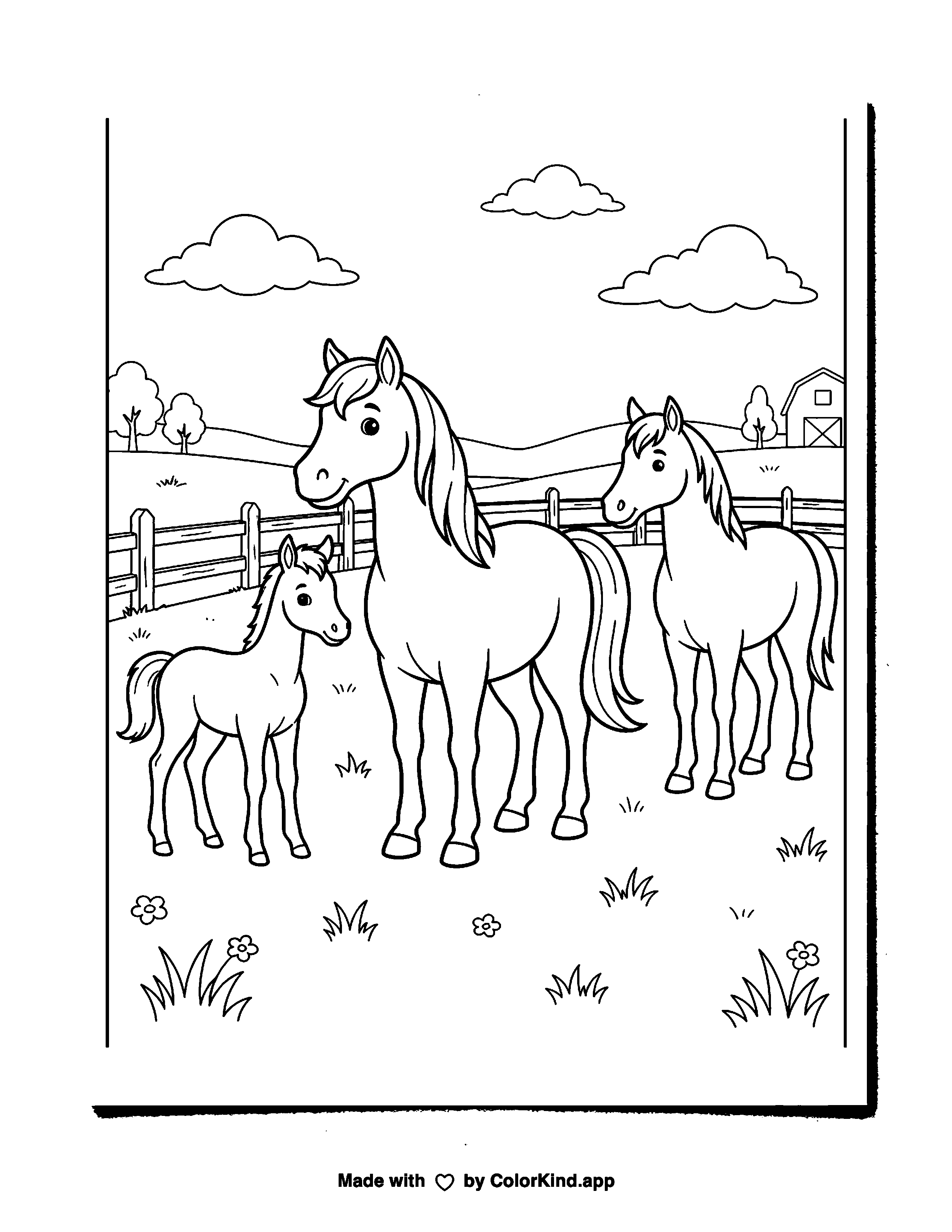 Horses in a Pasture as clean black-and-white printable line art made by ColorKind