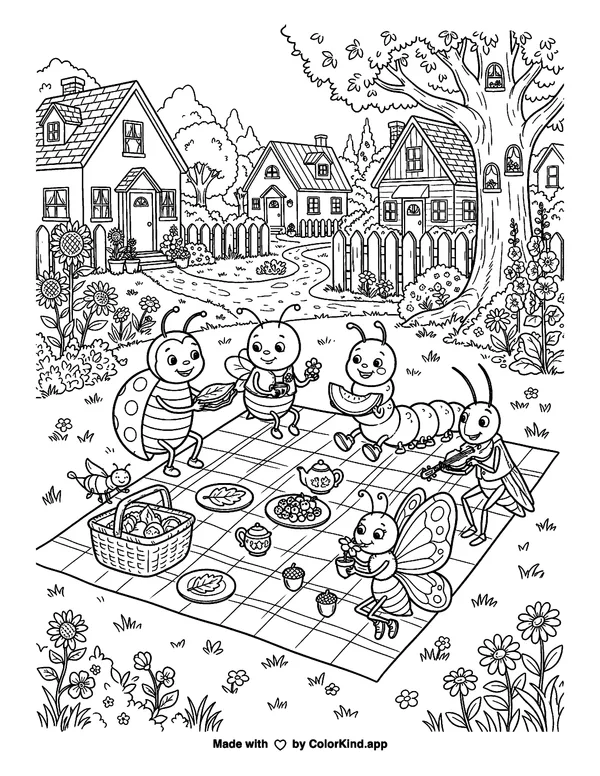 Busy garden bugs sharing a picnic in a welcoming neighborhood as clean black-and-white printable line art made by ColorKind