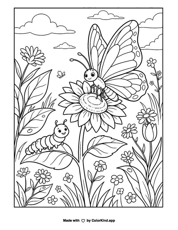Butterfly and Caterpillar as clean black-and-white printable line art made by ColorKind