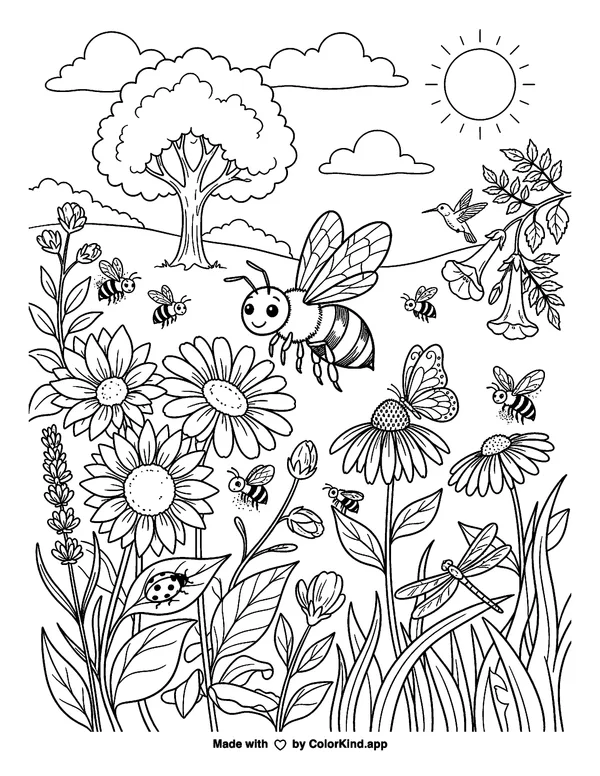 Buzzing Around as clean black-and-white printable line art made by ColorKind