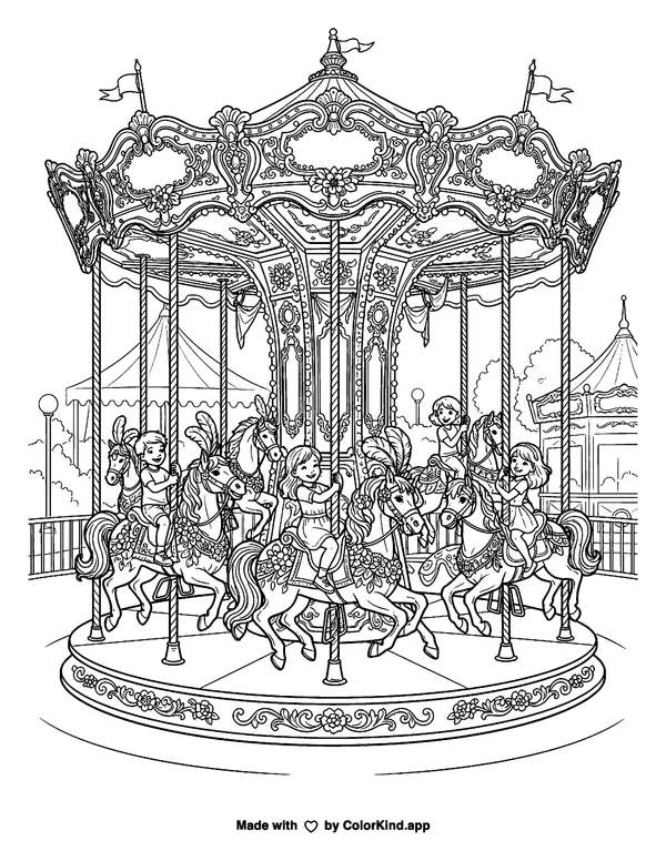 Carousel Horses as clean black-and-white printable line art made by ColorKind