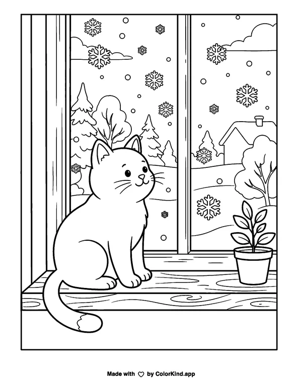 Cat Watching Snow as clean black-and-white printable line art made by ColorKind