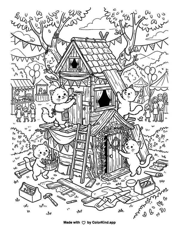 Curious kittens building a cozy clubhouse at a cheerful outdoor festival as clean black-and-white printable line art made by ColorKind