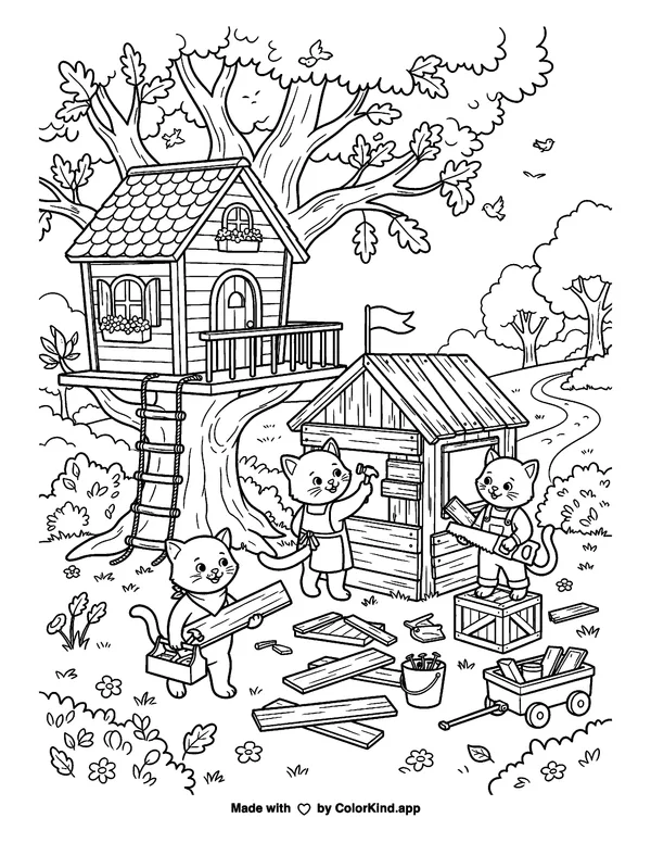 Curious kittens building a cozy clubhouse near a cozy treehouse as clean black-and-white printable line art made by ColorKind