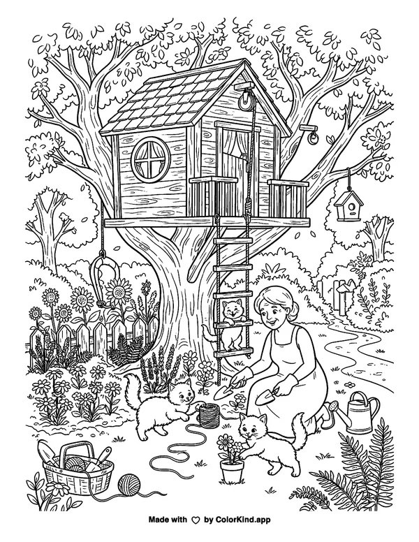 Curious kittens helping a neighbor near a cozy treehouse as clean black-and-white printable line art made by ColorKind