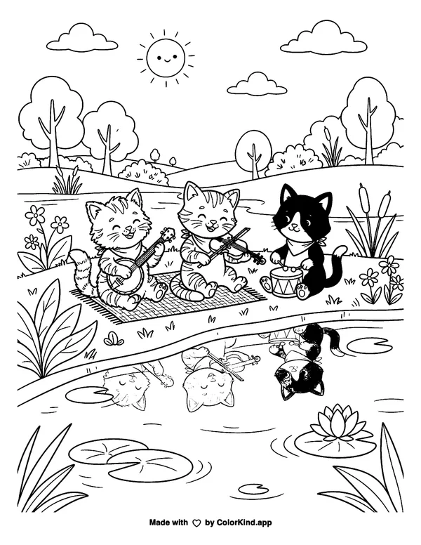 Curious kittens making music beside a peaceful pond as clean black-and-white printable line art made by ColorKind