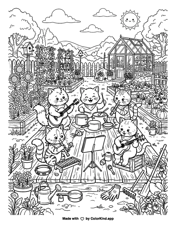Curious kittens making music in a lively community garden as clean black-and-white printable line art made by ColorKind