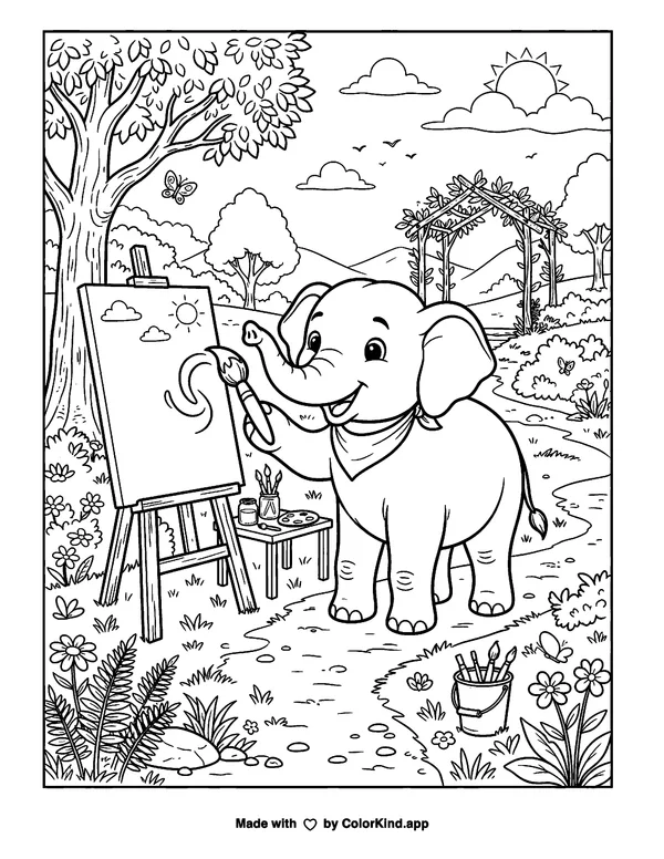 Curious kittens planting a garden in a lively community garden as clean black-and-white printable line art made by ColorKind