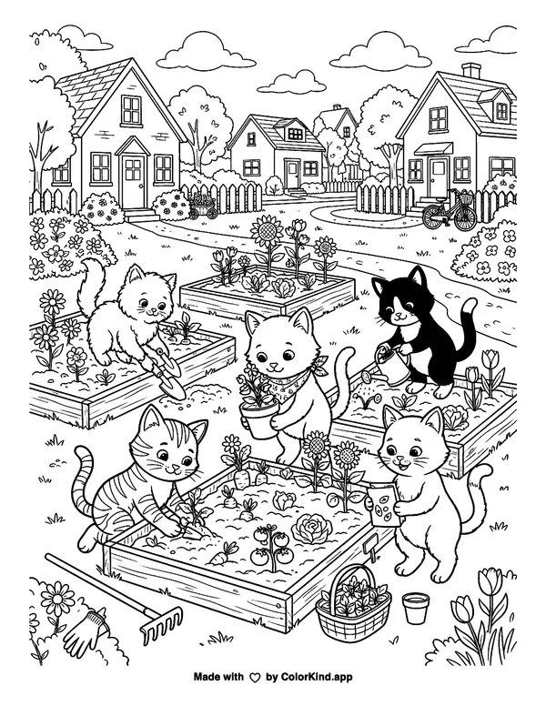 Curious kittens planting a garden in a welcoming neighborhood as clean black-and-white printable line art made by ColorKind
