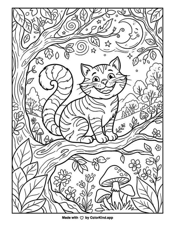 Curious kittens planting a garden under a sky full of clouds as clean black-and-white printable line art made by ColorKind