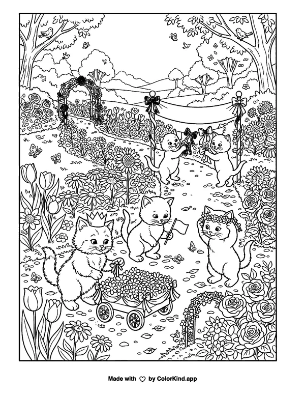 Curious kittens preparing for a parade in a flower-filled park as clean black-and-white printable line art made by ColorKind