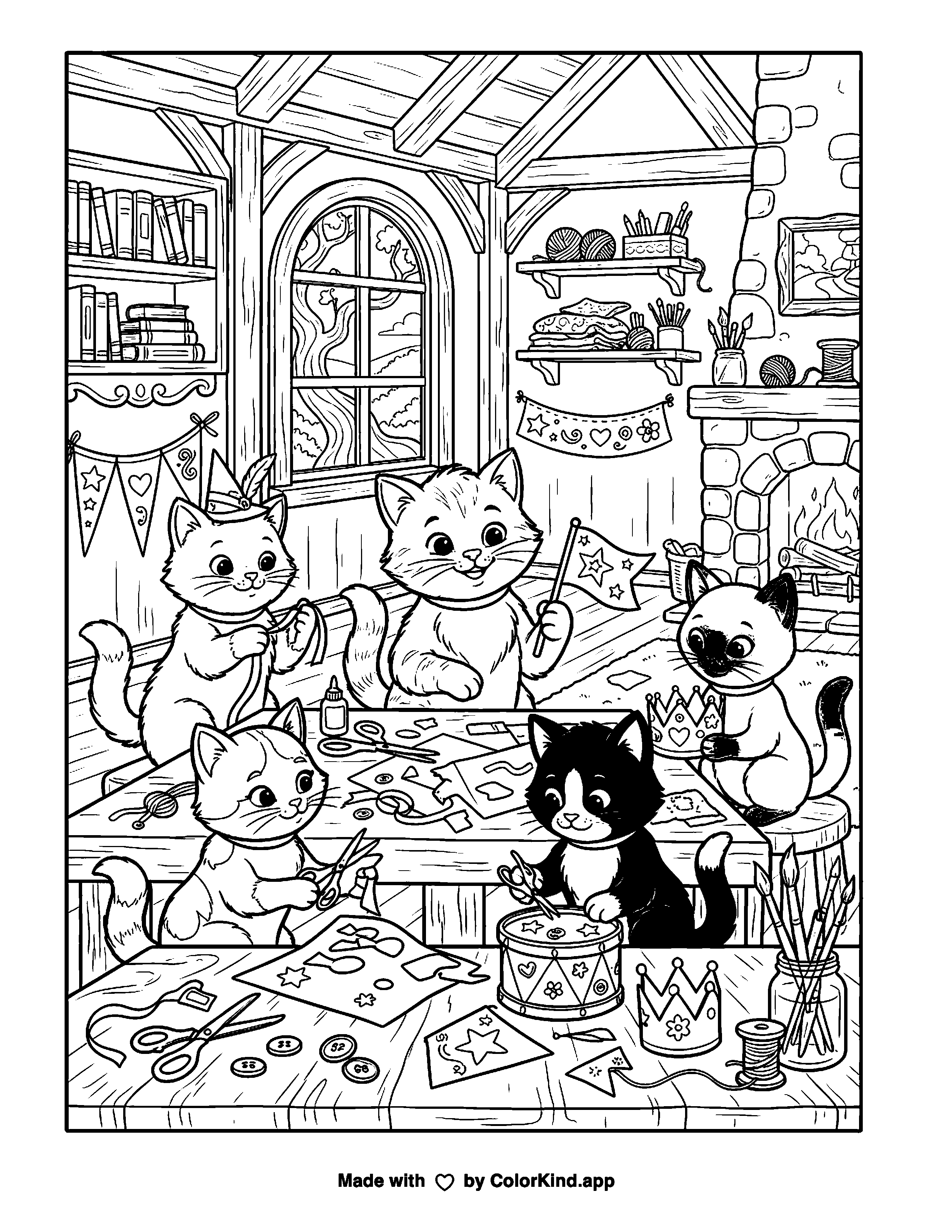 Kittens Crafting at a Table as clean black-and-white printable line art made by ColorKind