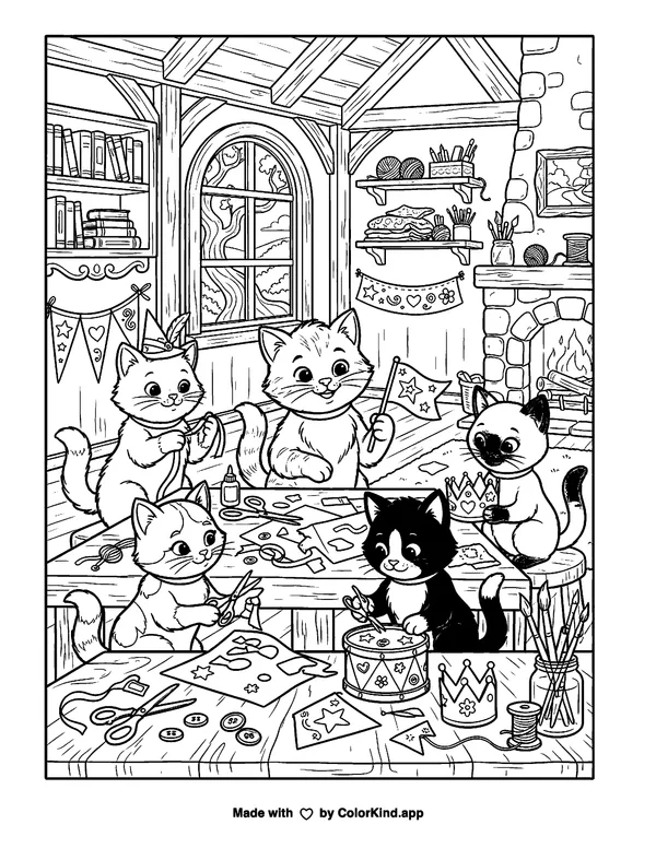 Curious kittens preparing for a parade inside a warm storybook cottage as clean black-and-white printable line art made by ColorKind