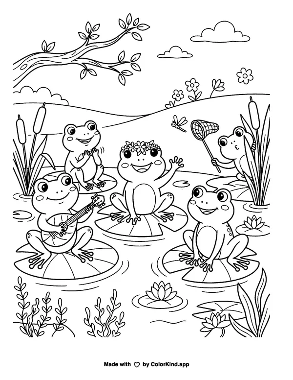 Cute Frog Friends as clean black-and-white printable line art made by ColorKind