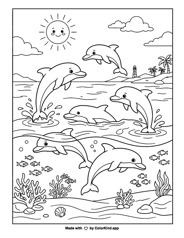 Dolphins as clean black-and-white printable line art made by ColorKind