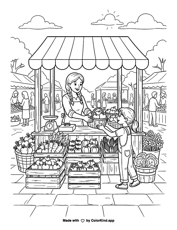Farmers Market Stand as clean black-and-white printable line art made by ColorKind
