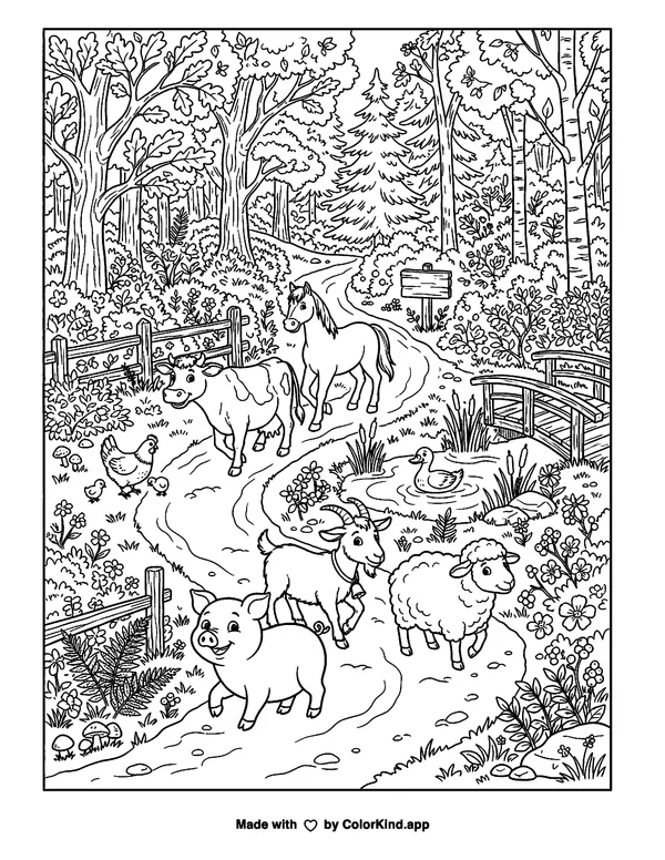 Farmyard animals exploring a nature trail along a winding woodland trail as clean black-and-white printable line art made by ColorKind