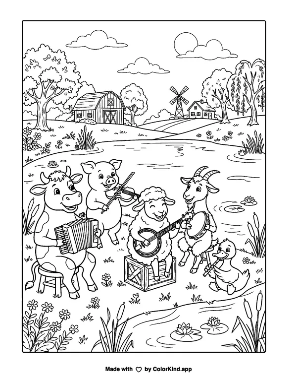 Farmyard animals making music beside a peaceful pond as clean black-and-white printable line art made by ColorKind