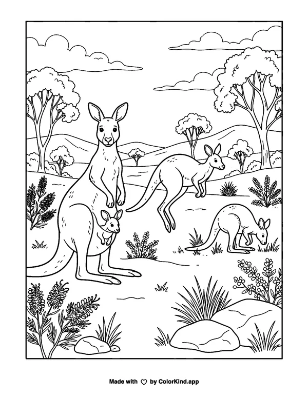 Farmyard animals planting a garden near a cozy treehouse as clean black-and-white printable line art made by ColorKind