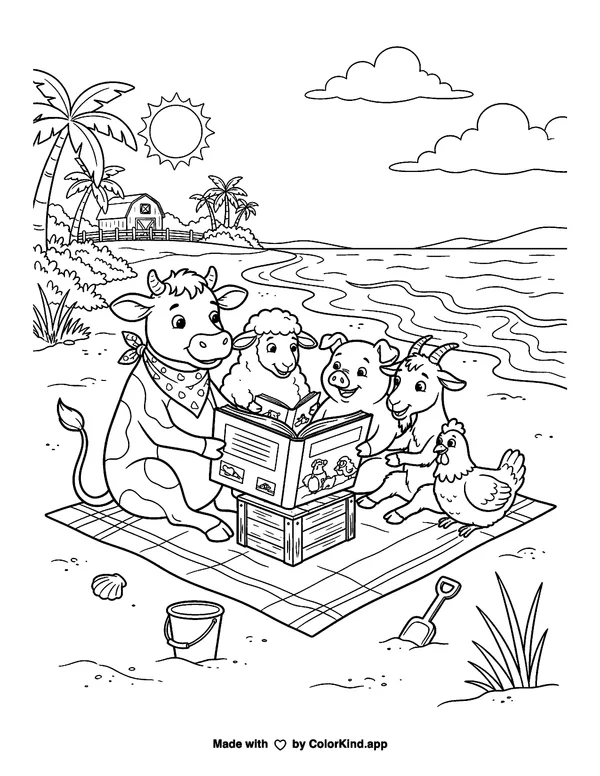 Farmyard animals reading together near a sunny beach as clean black-and-white printable line art made by ColorKind