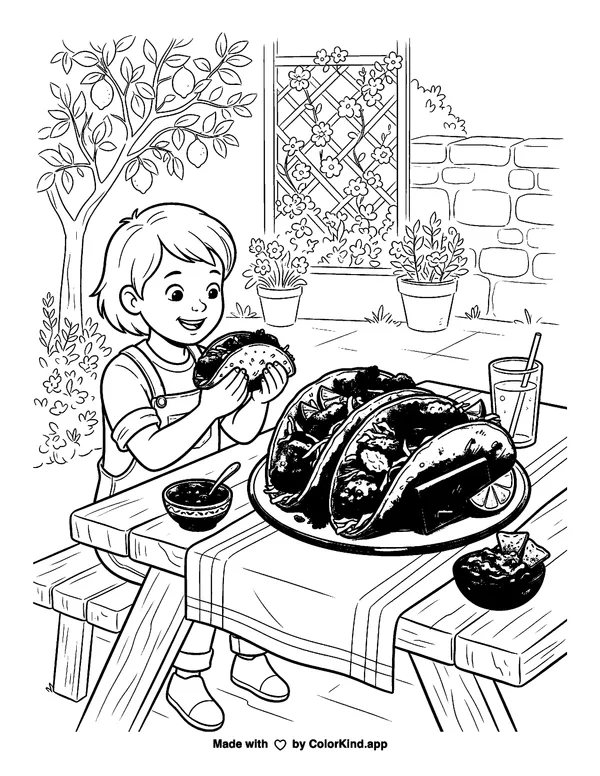Fish Taco as clean black-and-white printable line art made by ColorKind