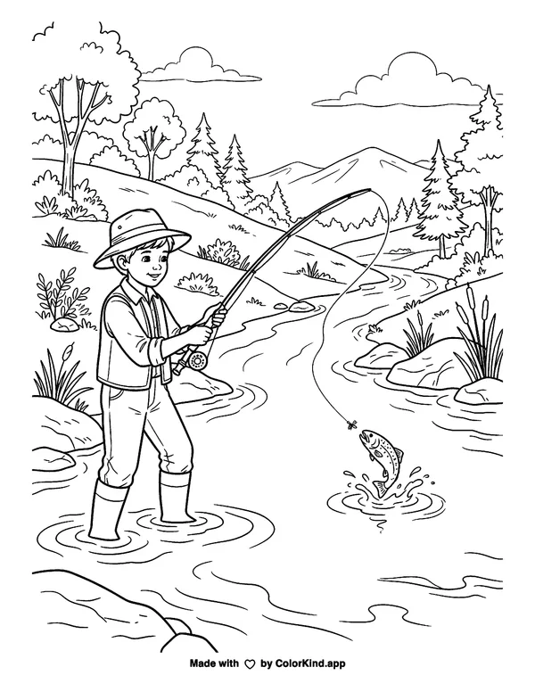 Fly Fishing as clean black-and-white printable line art made by ColorKind