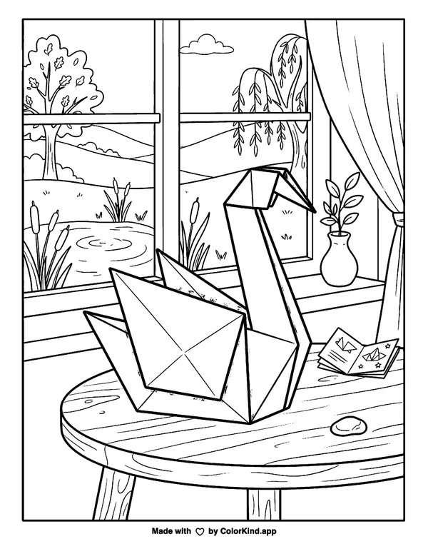 Folded Paper Swan as clean black-and-white printable line art made by ColorKind
