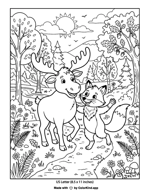 Fox and Moose Friends as clean black-and-white printable line art made by ColorKind