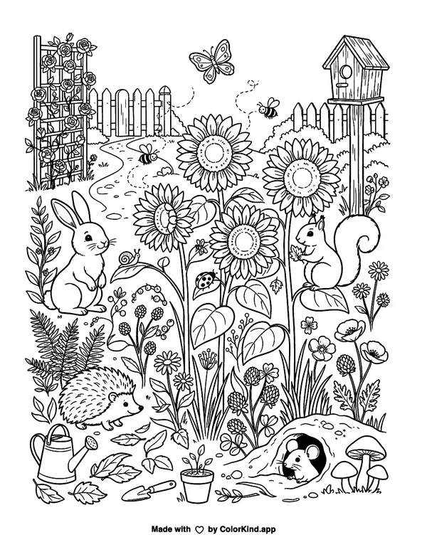 Garden Critters as clean black-and-white printable line art made by ColorKind